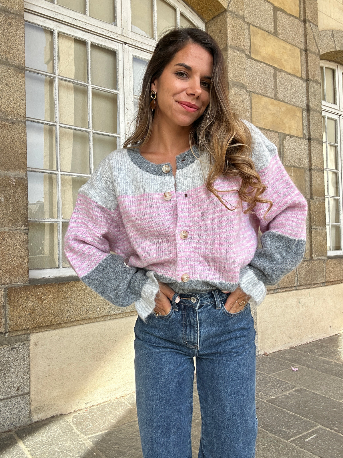 Cardigan Marisol Gris rayé rose