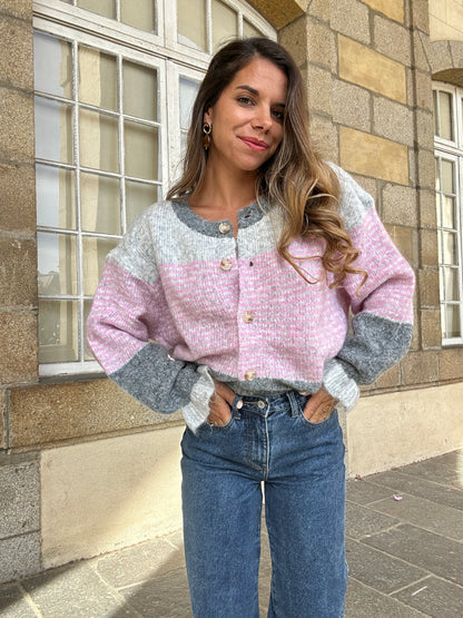 Cardigan Marisol Gris rayé rose