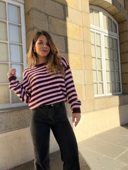 Pull à rayures Suzie prune et rose