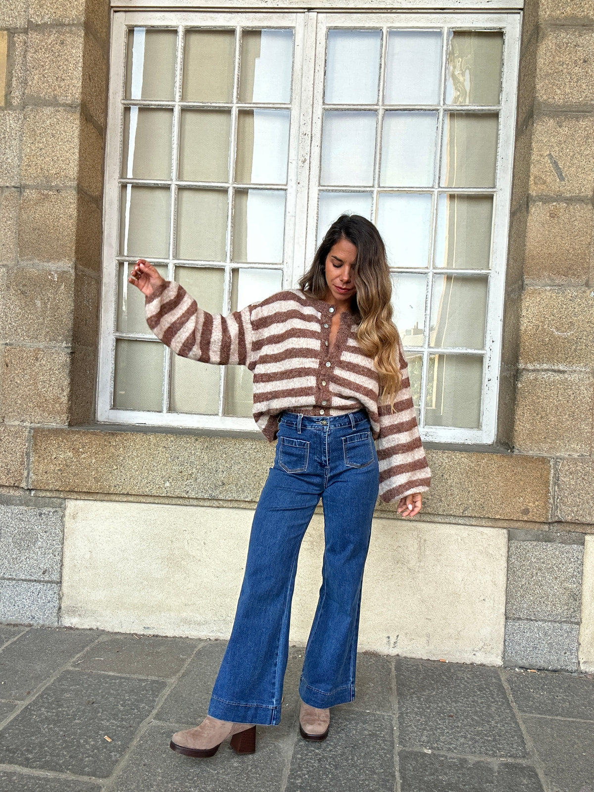 Cardigan Véra rayé camel et beige