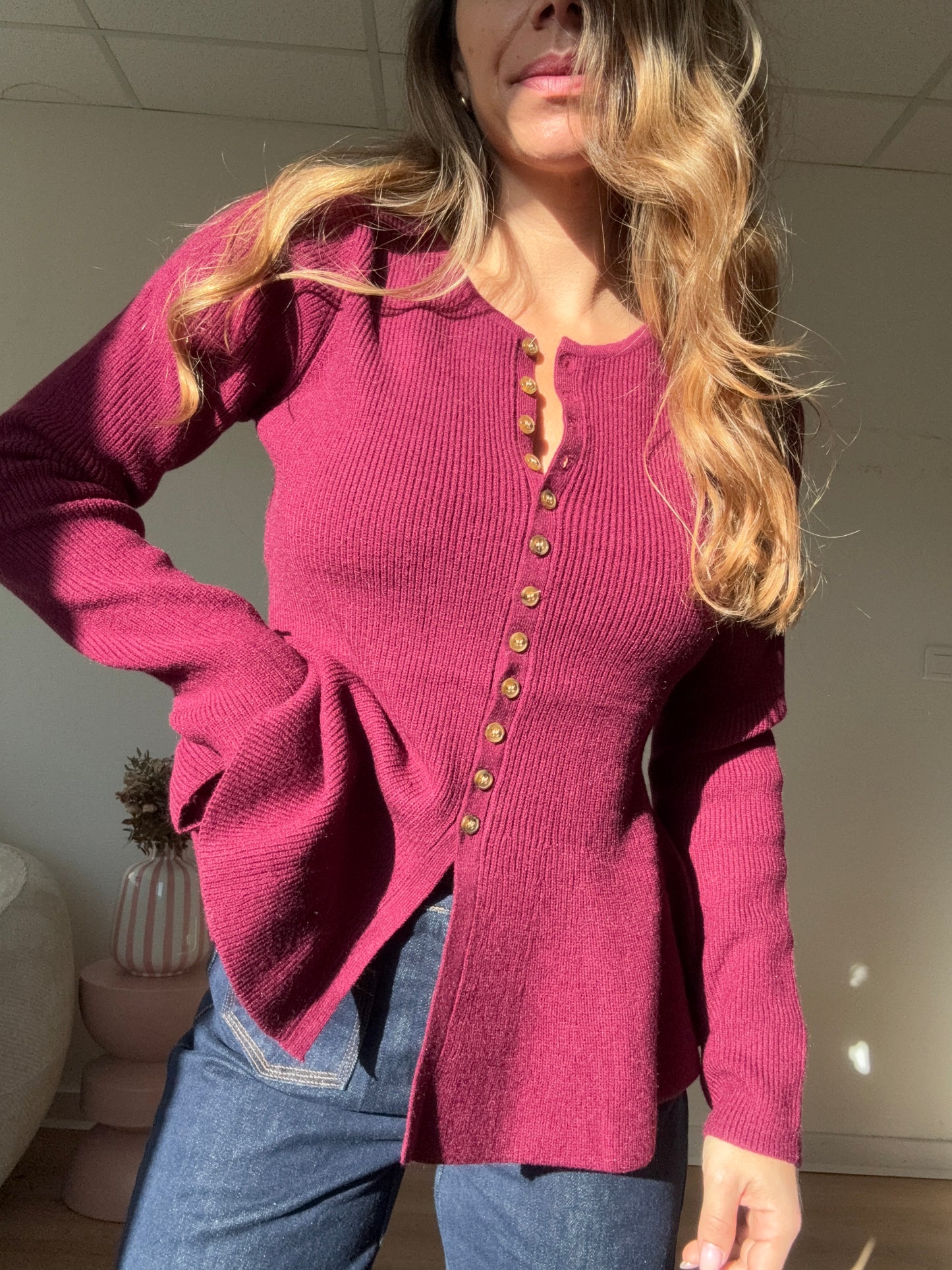 Pull fin péplum Albane bordeaux