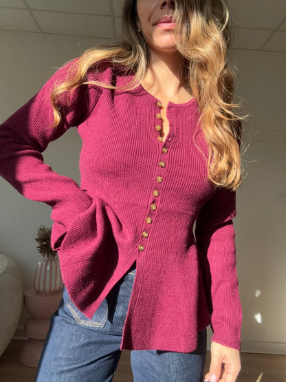 Pull fin péplum Albane bordeaux