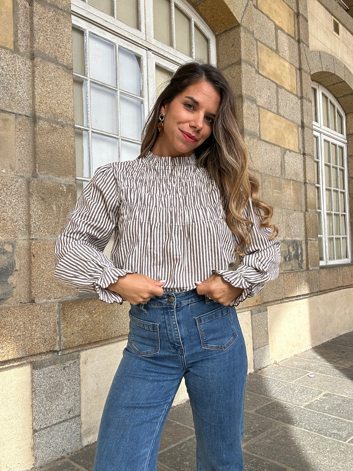 Blouse à rayures smockée marron Chloé