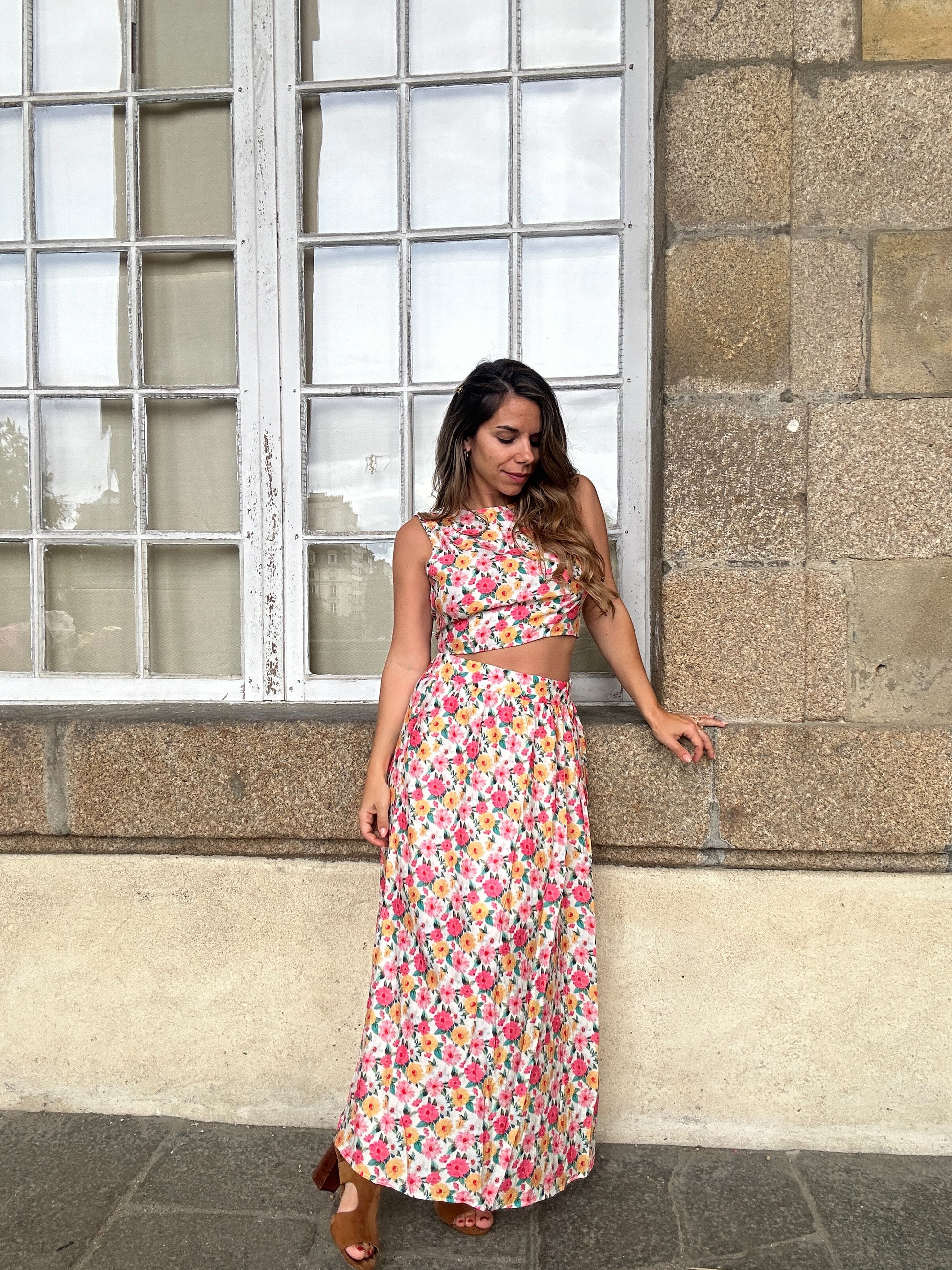 Vert FEMME Jupe fleurie en viscose froissée taille normale 3206992 Vert FEMME Jupe fleurie en viscose froissée taille normale 3206992