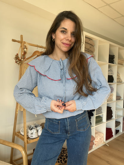 Blouse à col large Solveig VICHY bleue