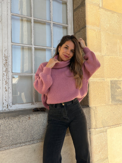 Maille col roulé en mohair et laine Faustine vieux rose