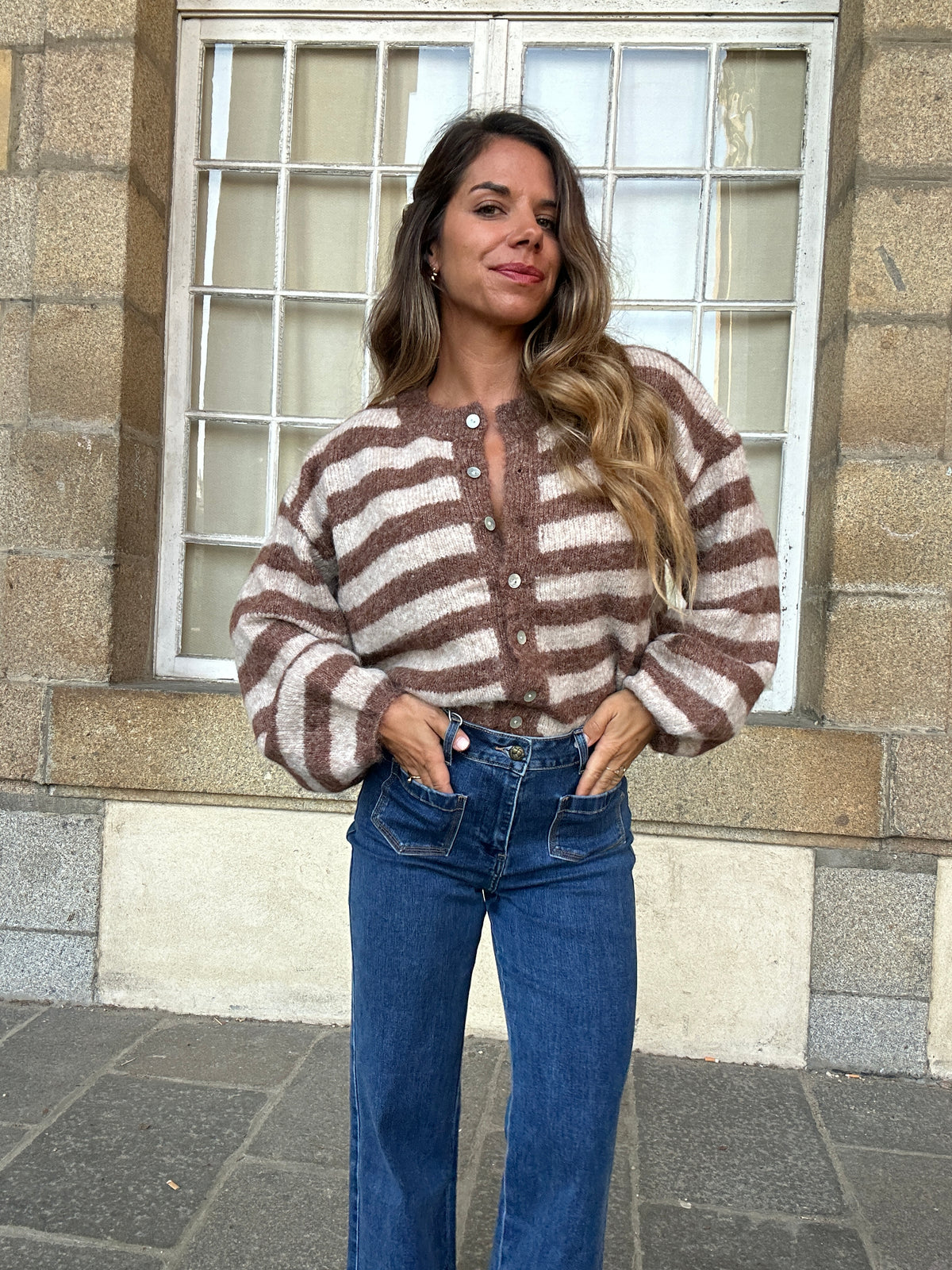 Cardigan Véra rayé camel et beige