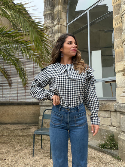 Blouse Vichy avec un grand col Sixtine bleu marine