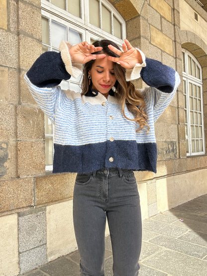 Cardigan Marisol blanc rayé bleu marine