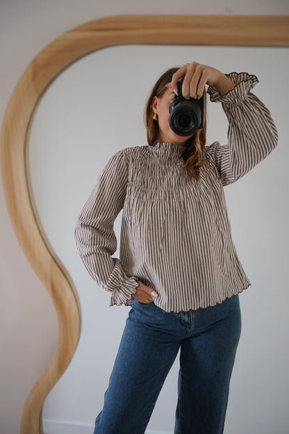 Blouse à rayures smockée marron Chloé