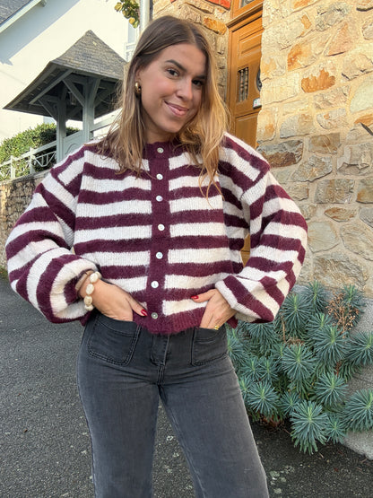 Cardigan Véra rayé bordeaux