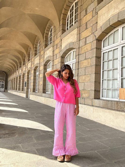Pantalon fluide vichy à volants rose Romy