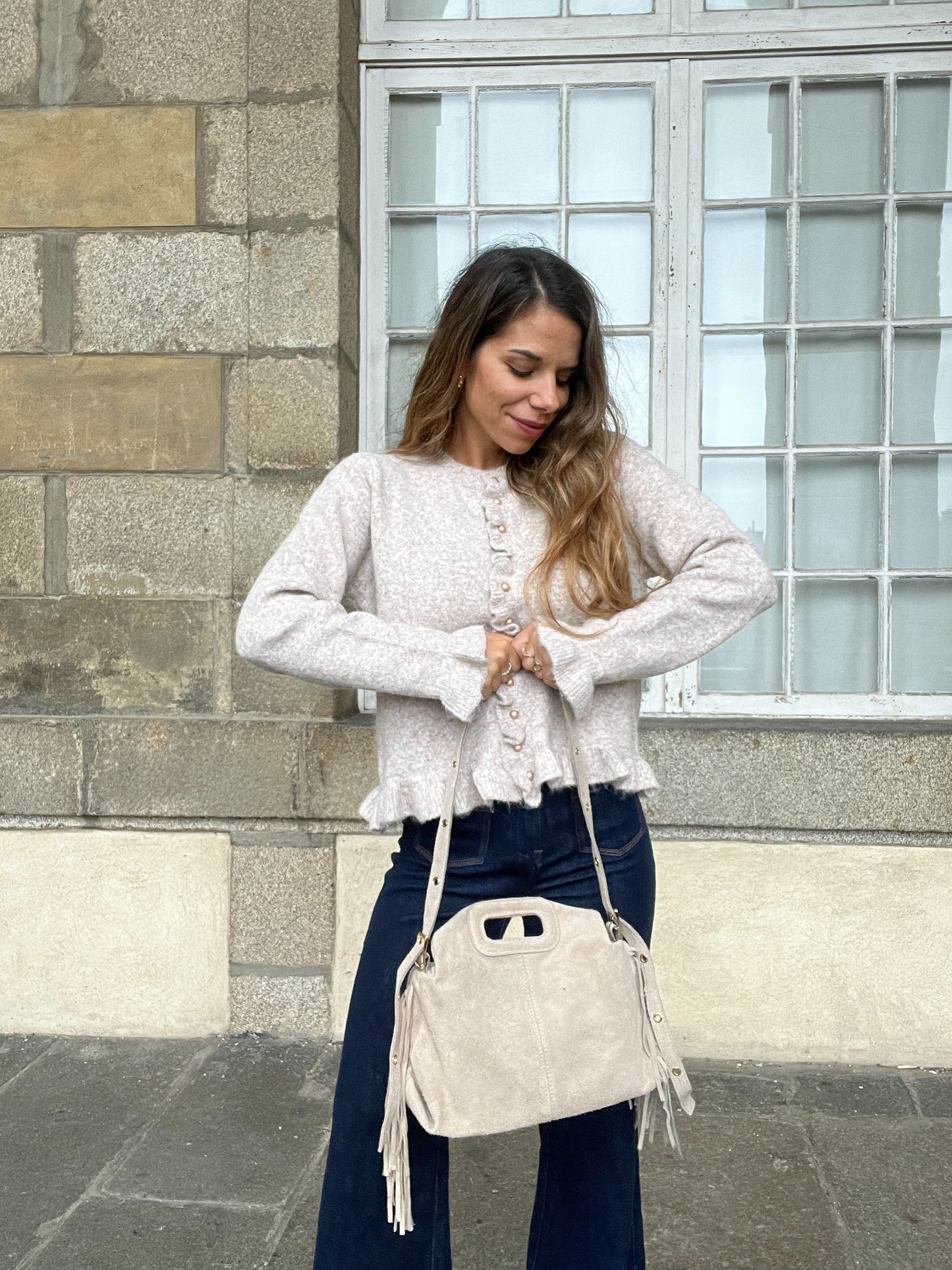 Grand sac à main en cuir Jodie beige