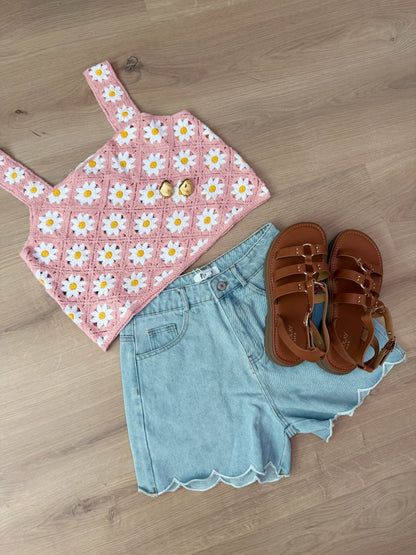 Top en crochet Marguerite rose