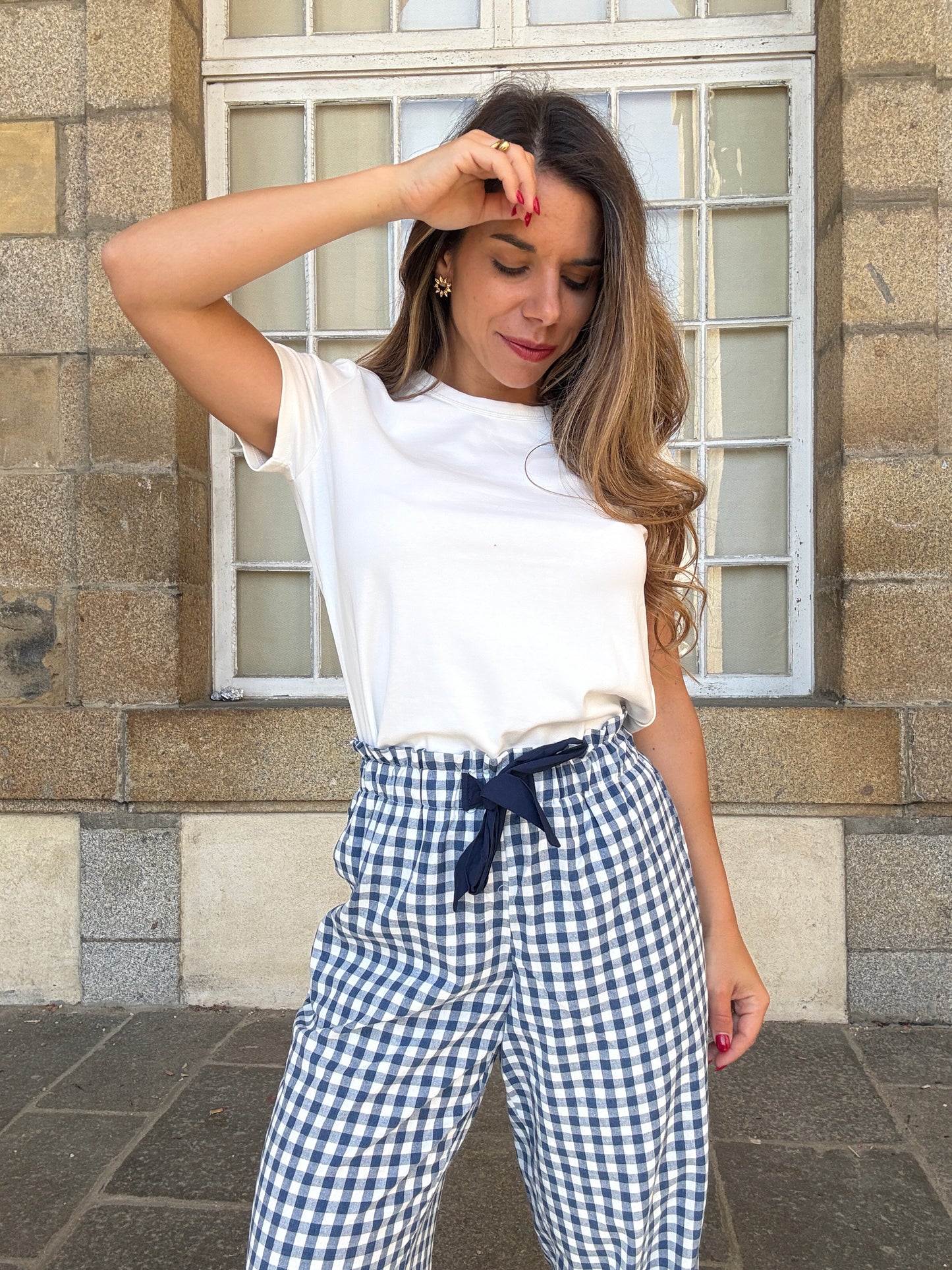 Pantalon fluide vichy à volants bleu marine Julia