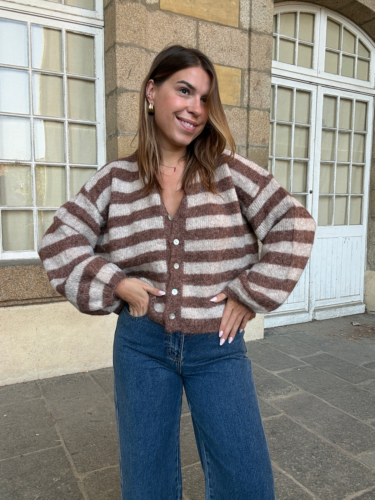 Cardigan Véra rayé camel et beige