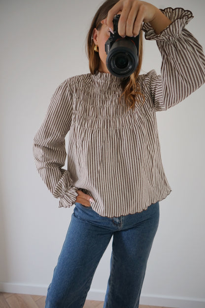 Blouse à rayures smockée marron Chloé