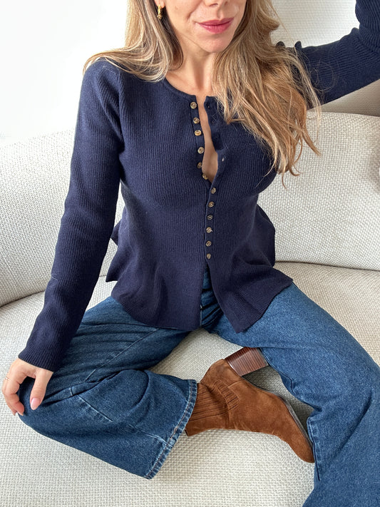 Pull fin péplum Albane bleu marine