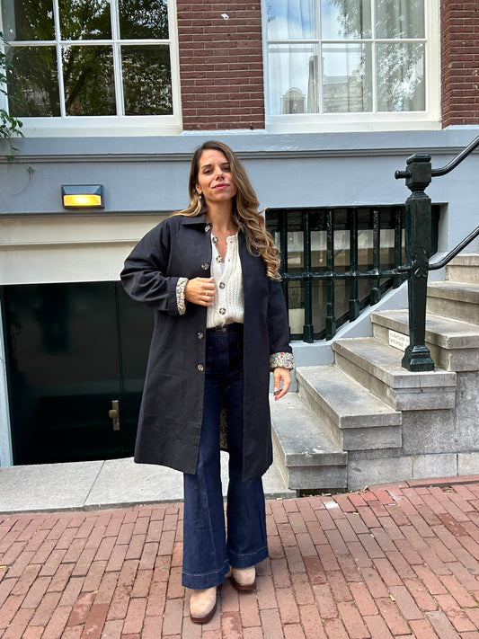 Trench long Émile en coton Liberty bleu marine