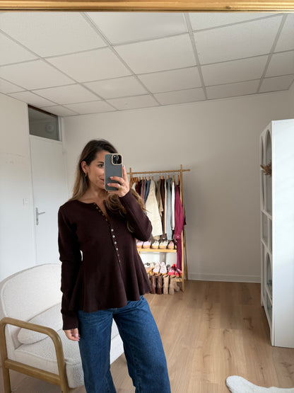 Pull fin péplum Albane chocolat
