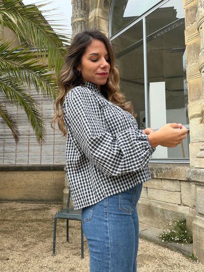 Blouse à carreaux bleu marine Albane