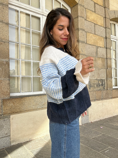 Cardigan Marisol blanc rayé bleu marine