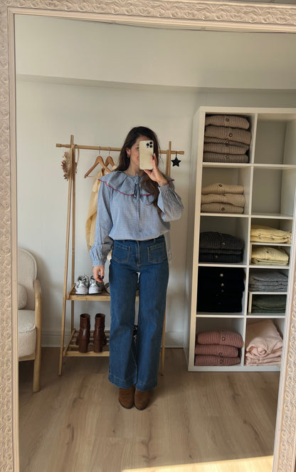 Blouse à col large Solveig VICHY bleue