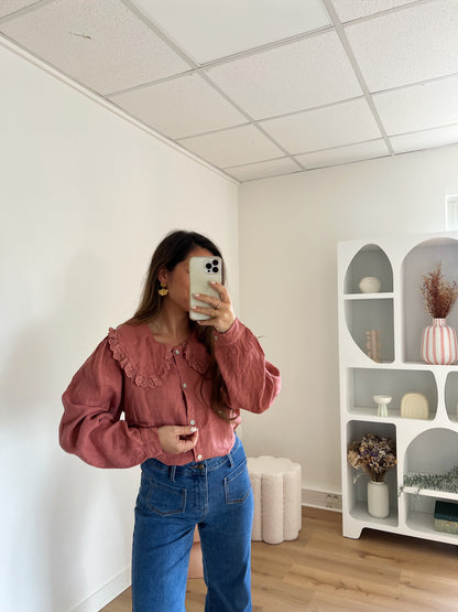 Chemise en lin à col large Claudia Bois de rose