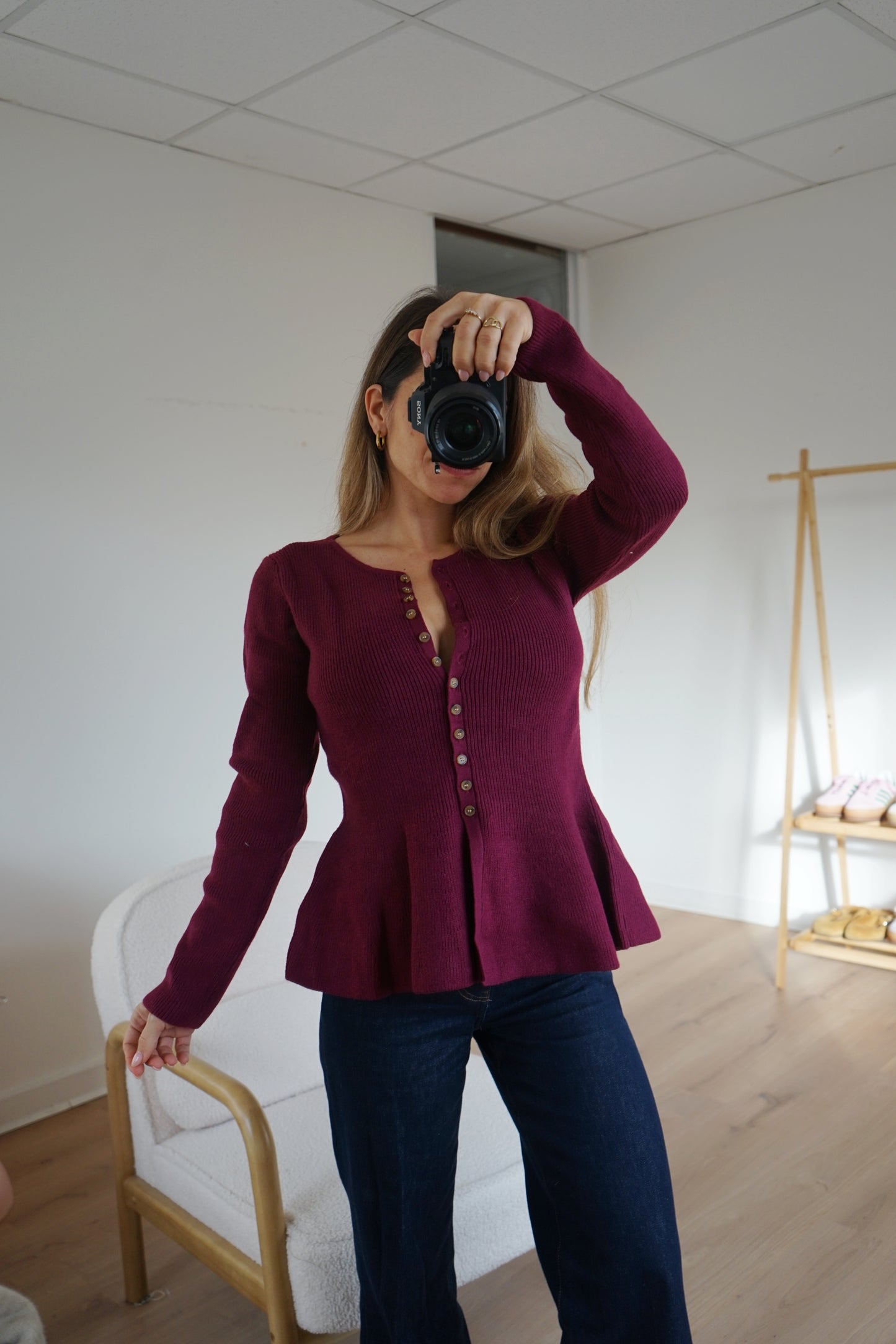 Pull fin péplum Albane bordeaux