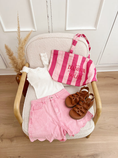 Sac cabas un peu d’amour et beaucoup de soleil rayé rose rouge