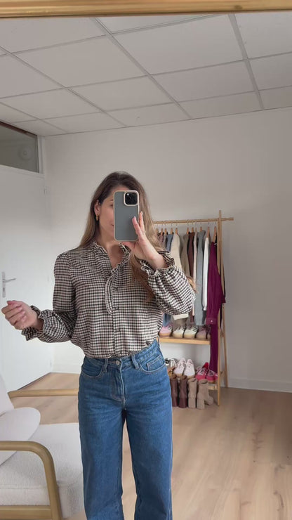 Blouse à carreaux Jeanne beige et marron