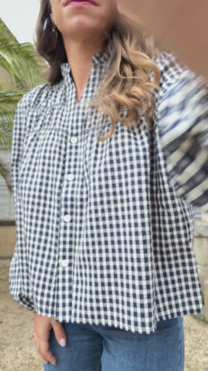 Blouse à carreaux bleu marine Albane